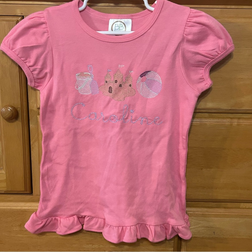 Pink Short-Sleeve Ruffle Tee with Sandcastle Graphic - Caroline
